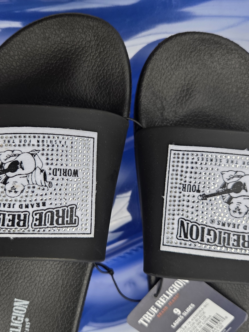 True Religion Black Slide Sandals with White Logo Patch
